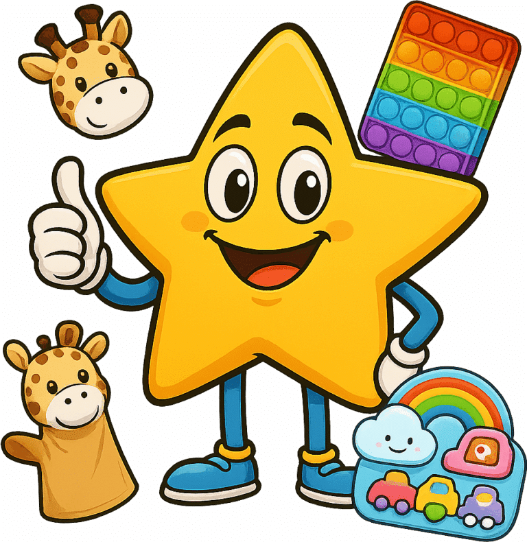 Friendly Jollybox mascot with sensory toys including giraffe puppets and colourful fidget toys – sensory toys for kids in the UK