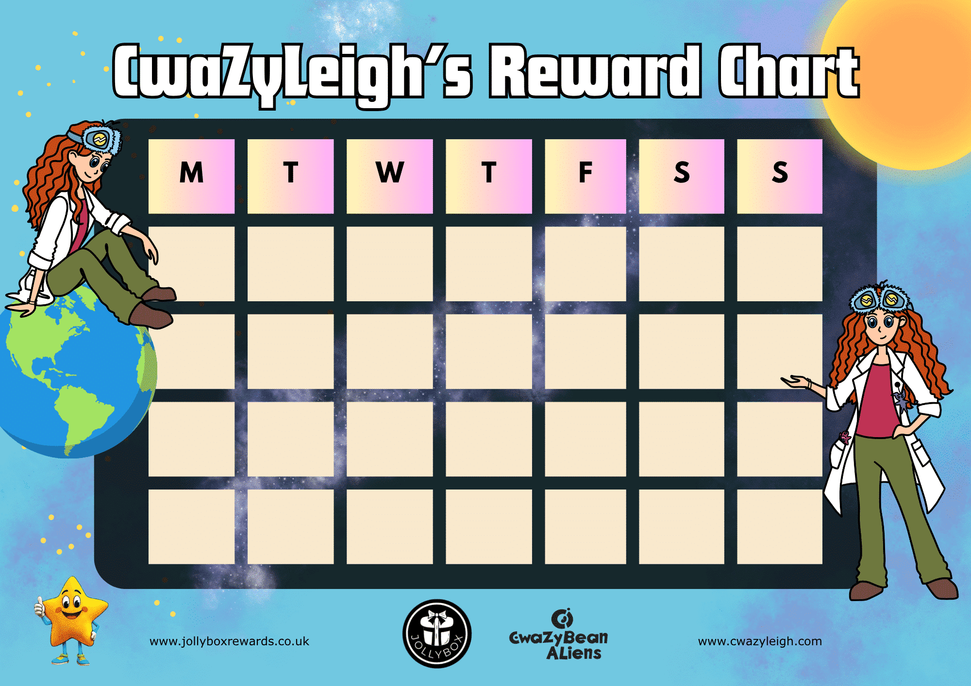 CwaZyLeigh's Reward Chart for kids – fun weekly behaviour chart featuring a science-themed character with curly red hair, created by Jollybox