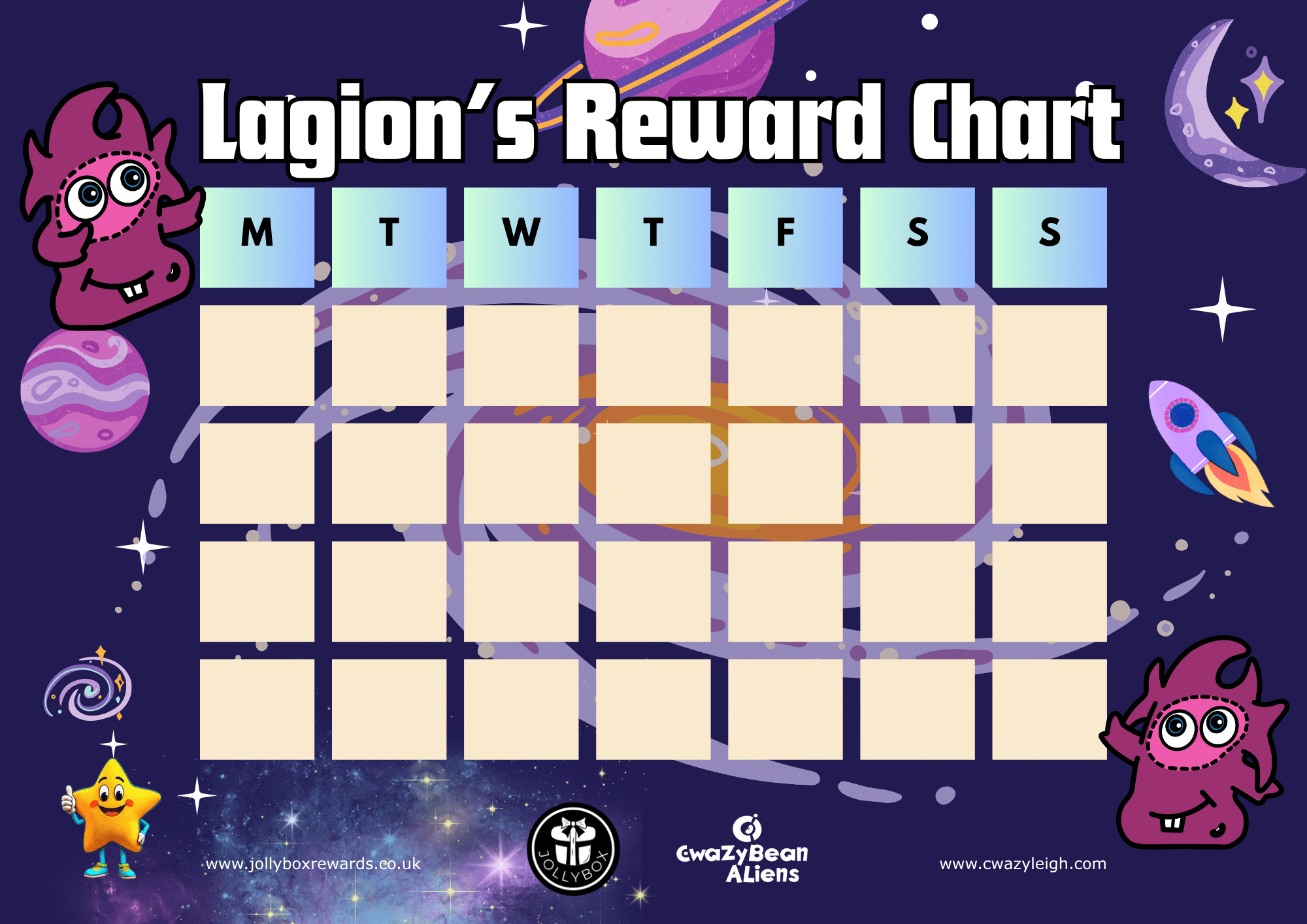 Lagion's Reward Chart for kids – weekly space-themed behaviour chart with a cheeky purple alien character, designed by Jollybox