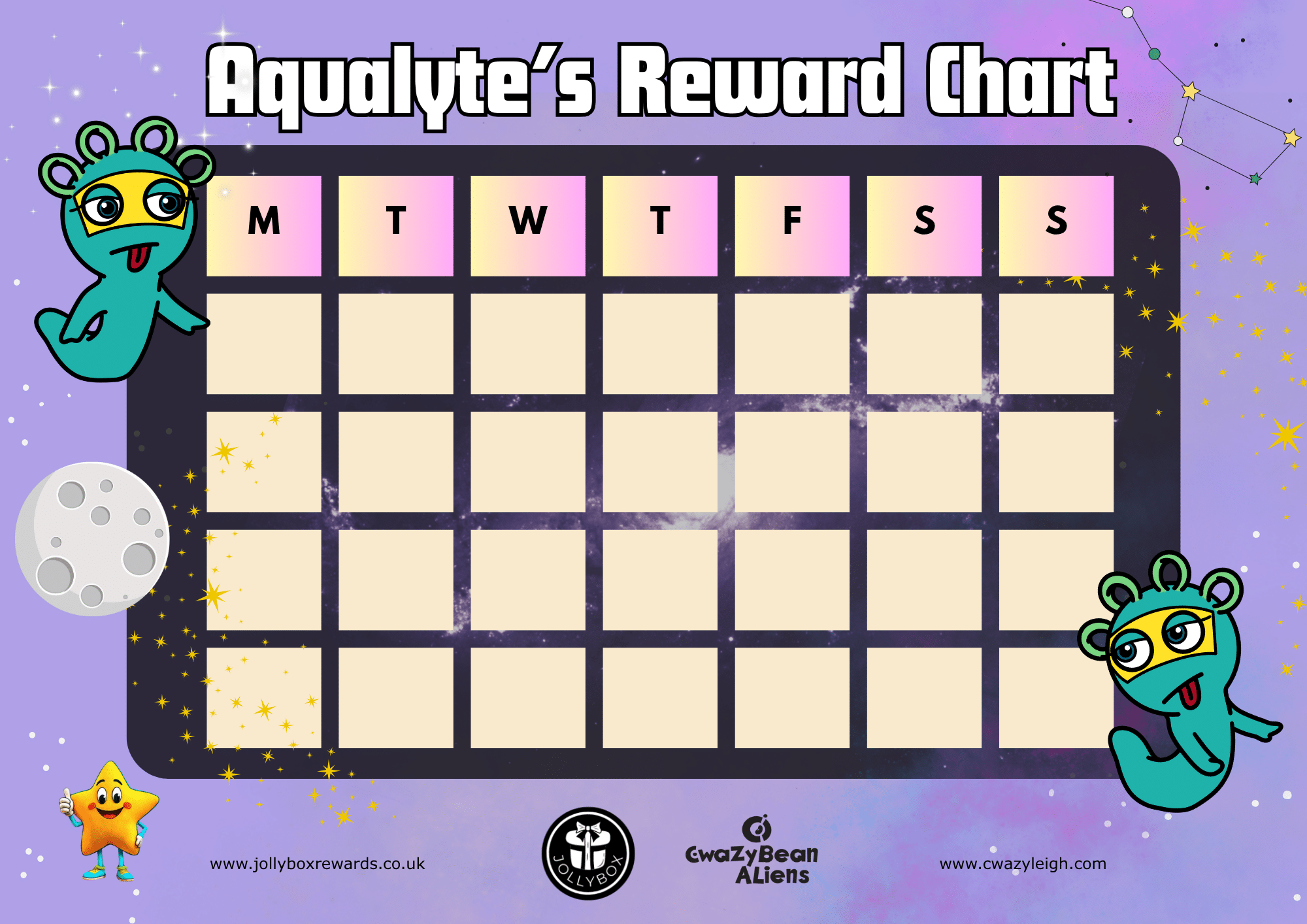 Aqualyte’s weekly reward chart for kids with space-themed design, featuring seven columns for each day and cute alien characters from Jollybox.