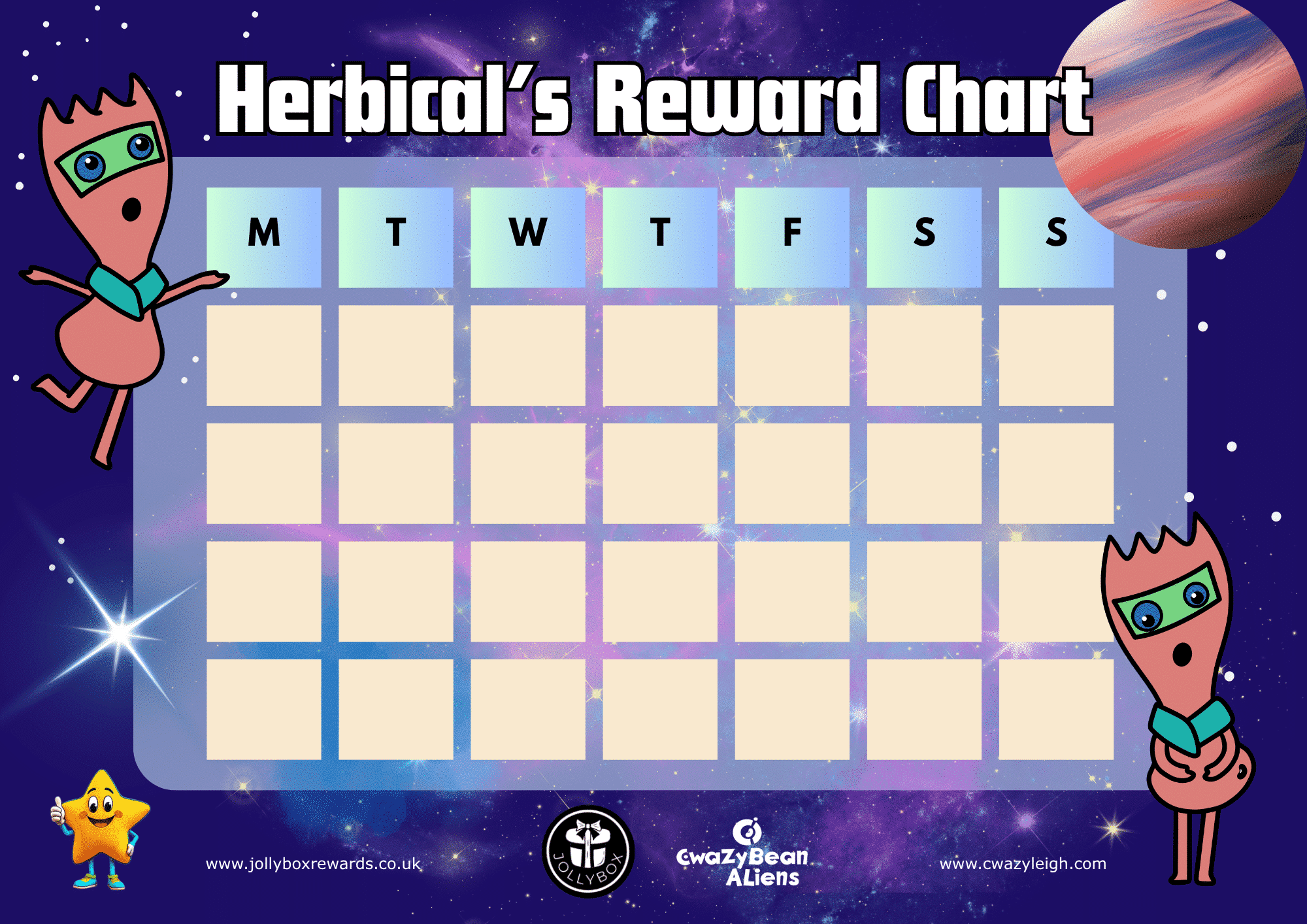 Herbical's Reward Chart for kids – weekly behaviour chart with a coral alien character and starry space background, created by Jollybox