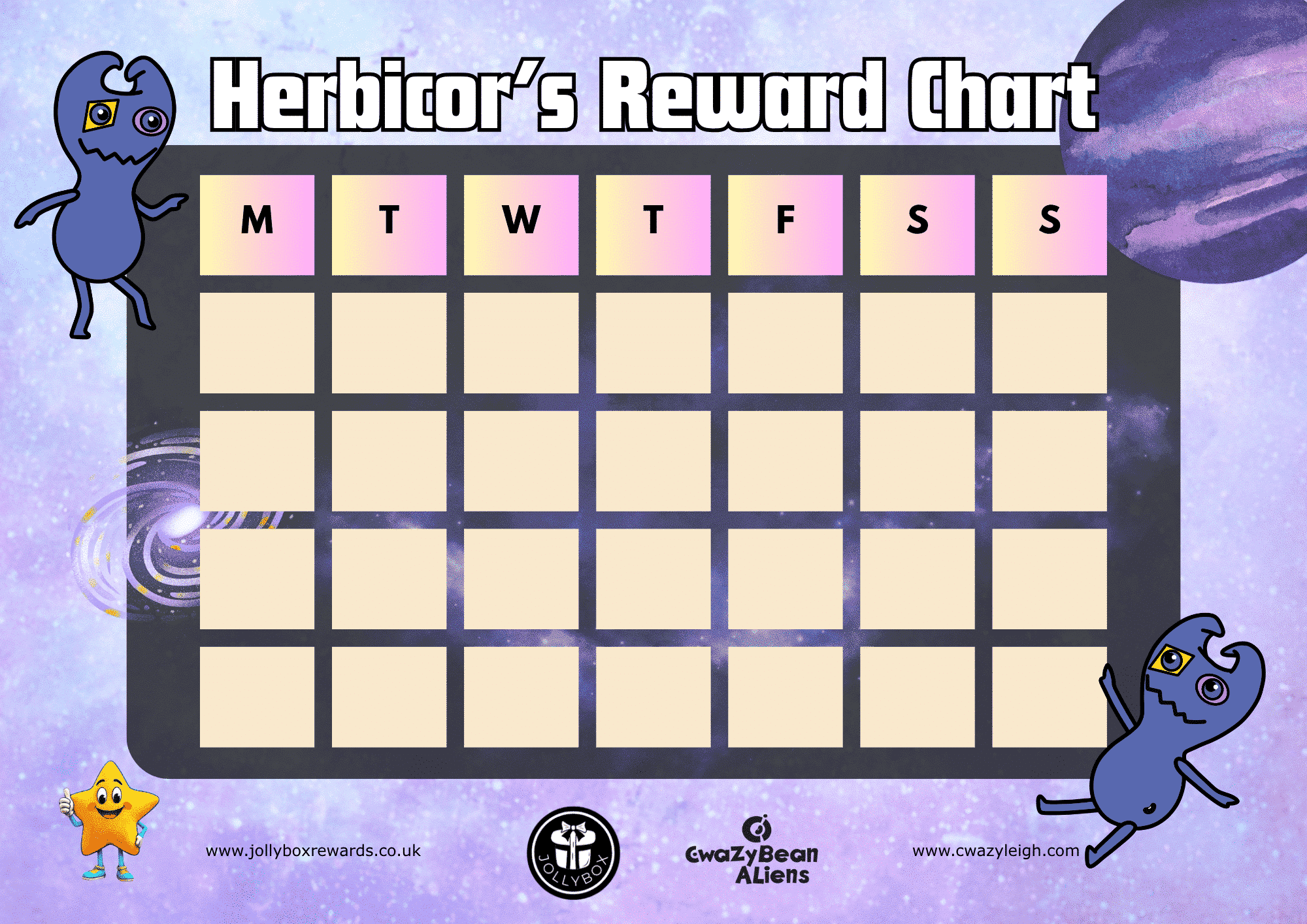 Herbicor's Reward Chart for kids – fun weekly behaviour chart with space-themed design by Jollybox