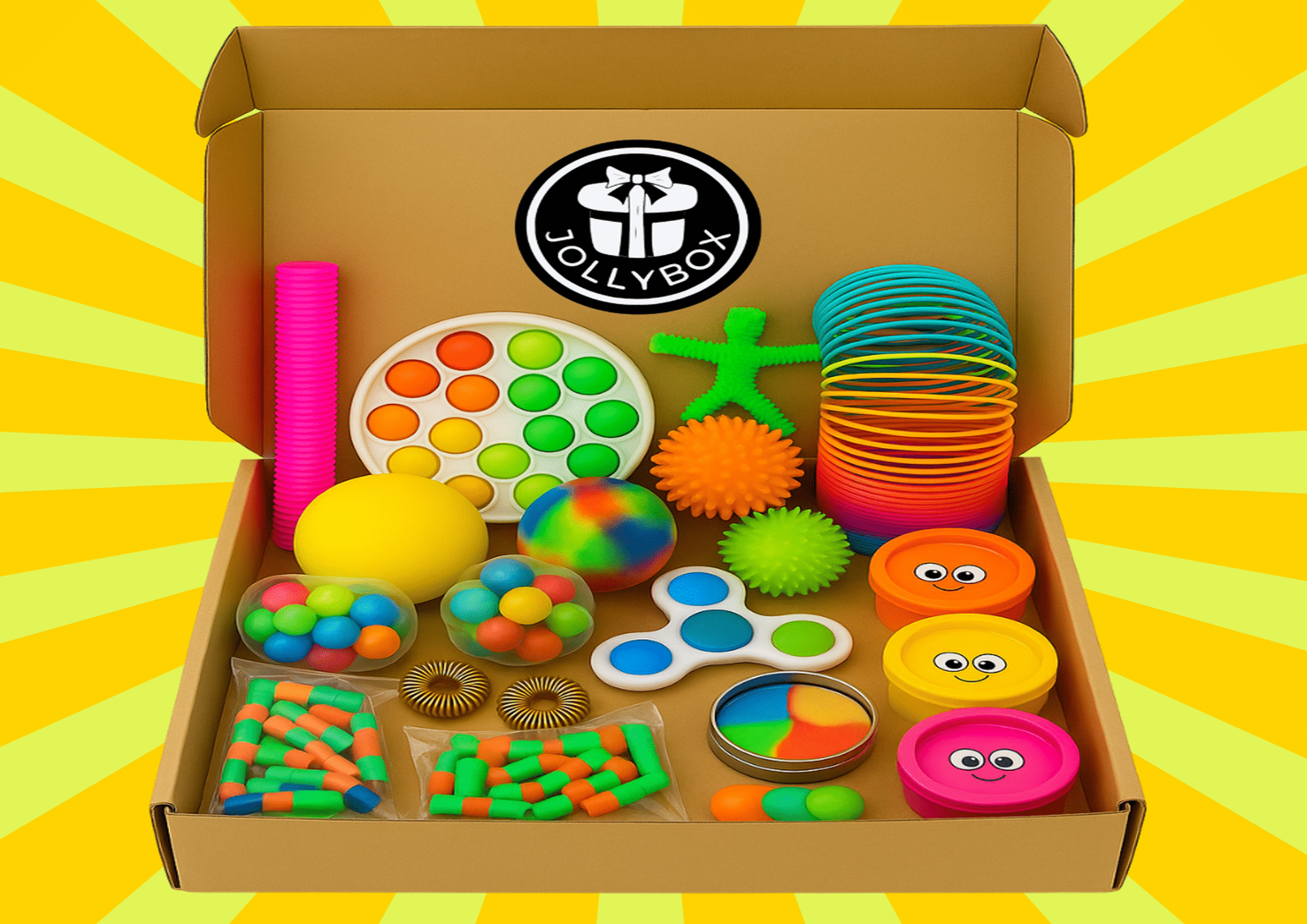 Medium Jollybox sensory toy box with a yellow background