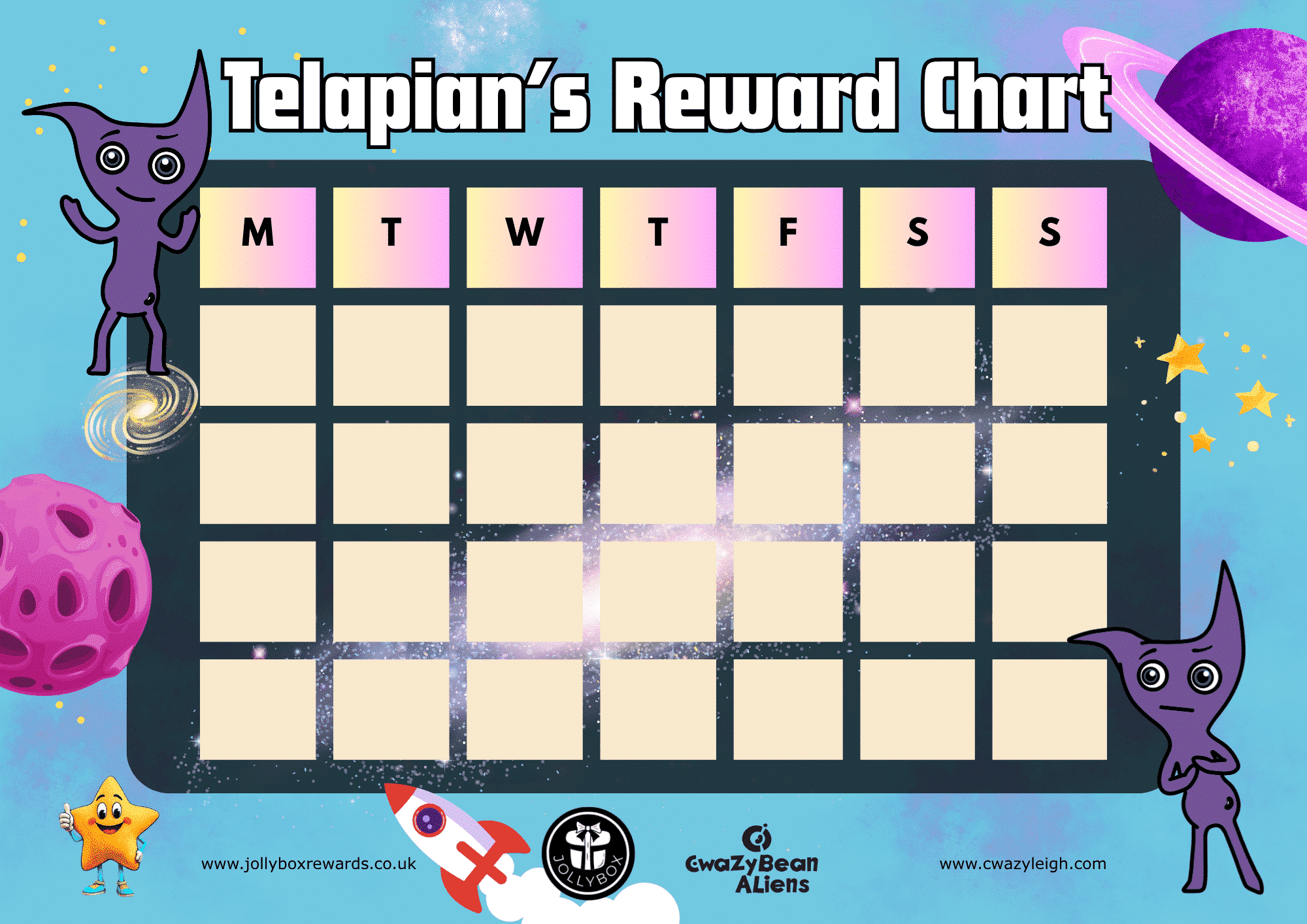 Telapian's Reward Chart for kids – colourful space-themed behaviour chart featuring a purple alien character, created by Jollybox