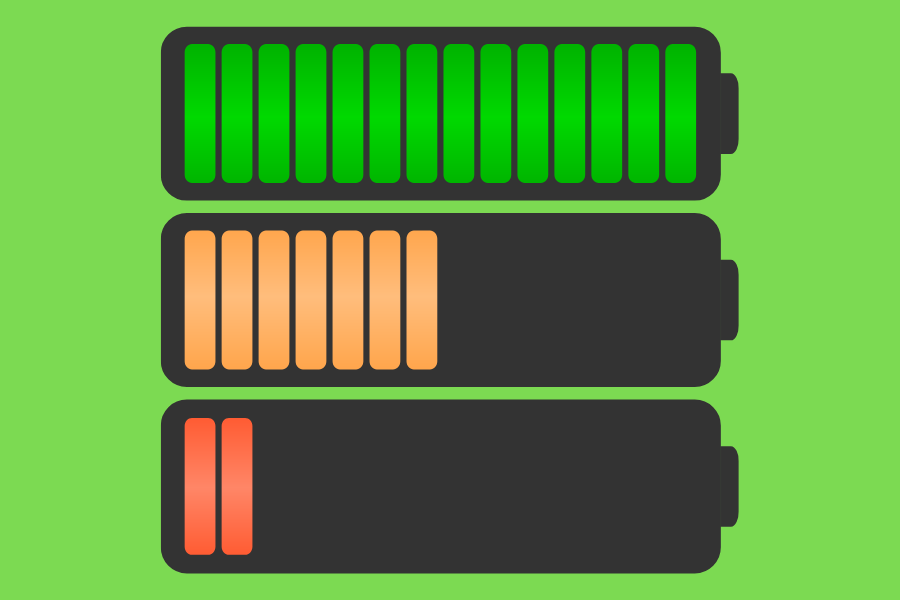 Three battery icons showing full, medium, and low energy levels.