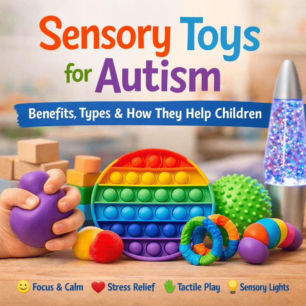 Colourful sensory toys for autism including a purple squishy stress ball, rainbow pop-it fidget, textured sensory balls, twist rings, and a glowing sensory lava lamp, with text reading “Sensory Toys for Autism: Benefits, Types & How They Help Children.”