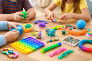 Children playing with colourful sensory and fidget toys at a wooden table, including pop-it boards, textured balls, therapy putty, stretchy strings, and spinners.