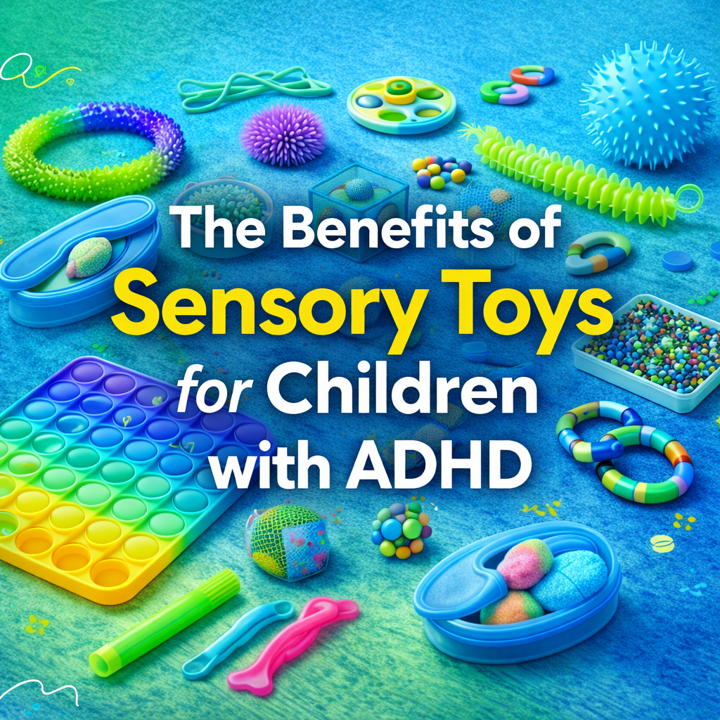 Square blog graphic featuring colourful sensory toys on a blue and green background, including a pop-it board, spiky balls, stretchy fidgets, and stress toys, with the title about the benefits of sensory toys for children with ADHD displayed clearly in the centre.