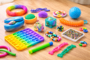 Assorted colourful sensory toys arranged on a wooden table, including a rainbow pop-it board, squishy stress balls, stretchy strings, textured balls, therapy putty, and twist fidget toys.