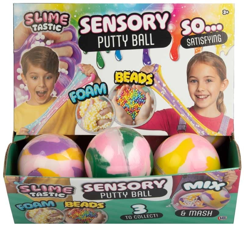 Display box of Slime Tastic Sensory Putty Balls with colorful squishy putty balls, foam and bead textures, and children playing with slime on the packaging.